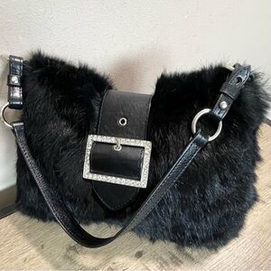 Authentic DIANE GAIL Black RABBIT FUR Leather RHINESTONE Buckle PURSE Hand BAG